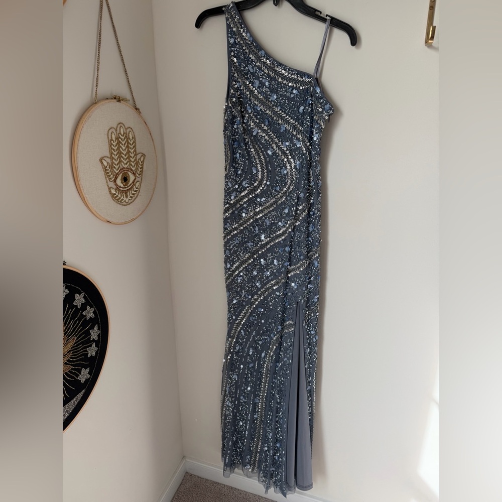 Aidan Mattox One-Shoulder Blue Beaded Sequin Formal floor length Dress